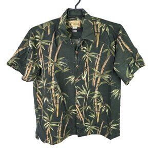 Mens Vintage Platinum Bamboo Print Hawaiian Silk Shirt Short Sleeve Button Up L